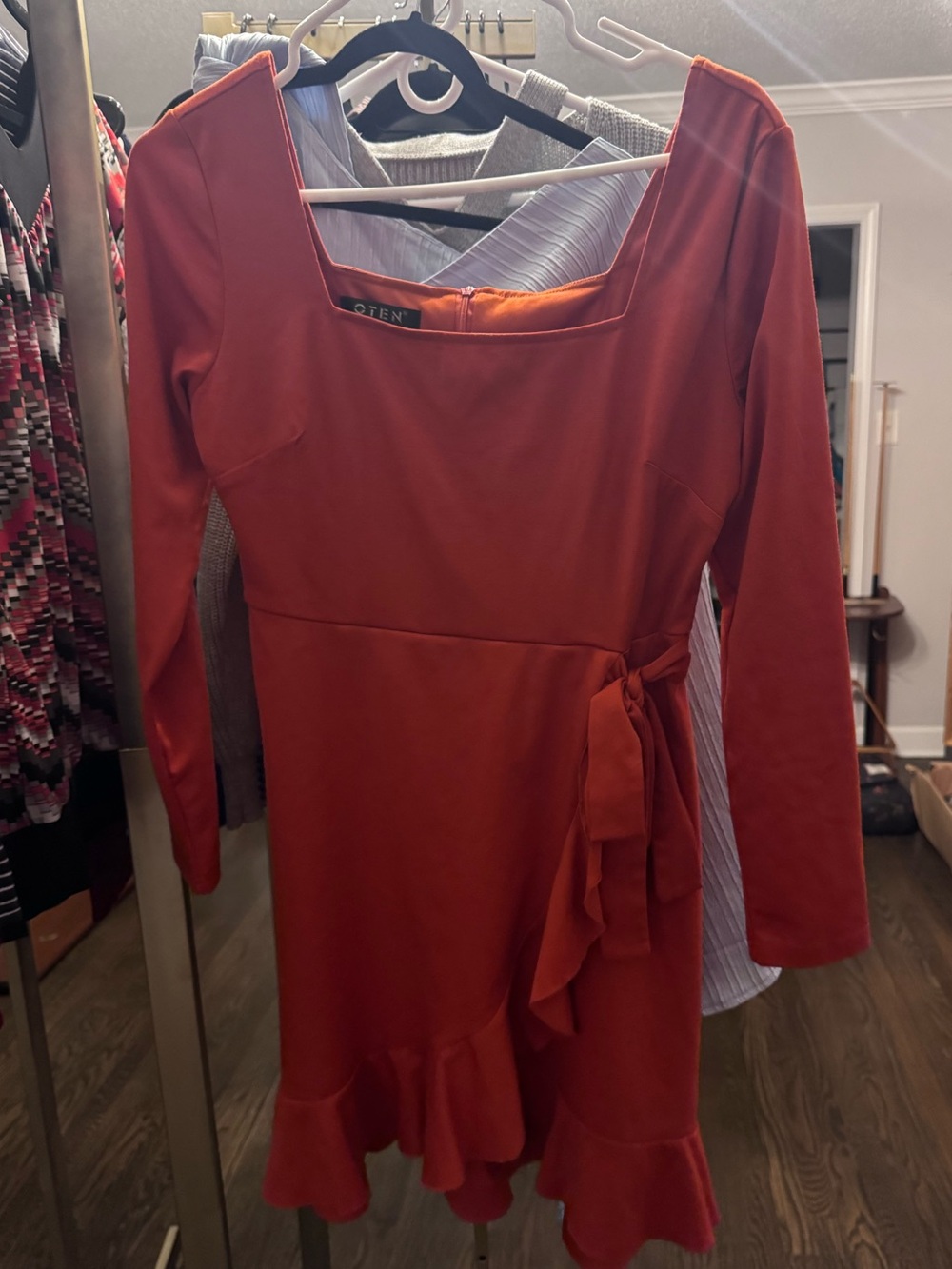 OTEN Rust Red Long-Sleeve Mini Dress with Ruffle Tie